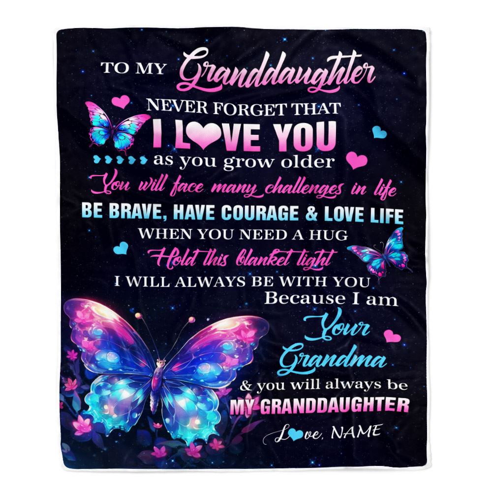 Personalized To My Granddaughter Blanket From Grandma Never Forget I Love You Butterfly Birthday Gifts For Granddaughter Christmas Customized Fleece Blanket | teecentury