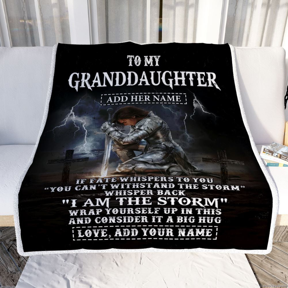Personalized To My Granddaughter Blanket Women Warrior Knights Templar I Am The Storm Best Granddaughter Birthday Gifts Christmas Customized Fleece Blanket | teecentury