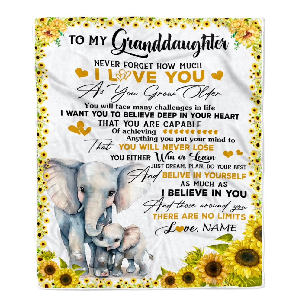 Personalized To My Granddaughter Blanket from Grandma Nana Never Forget I Love You Sunflower Elephant Granddaughter Birthday Christmas Fleece Throw Blanket | teecentury