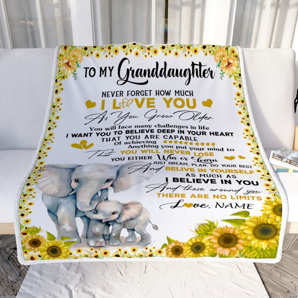 Personalized To My Granddaughter Blanket from Grandma Nana Never Forget I Love You Sunflower Elephant Granddaughter Birthday Christmas Fleece Throw Blanket | teecentury