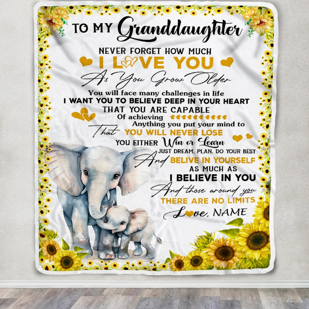 Personalized To My Granddaughter Blanket from Grandma Nana Never Forget I Love You Sunflower Elephant Granddaughter Birthday Christmas Fleece Throw Blanket | teecentury
