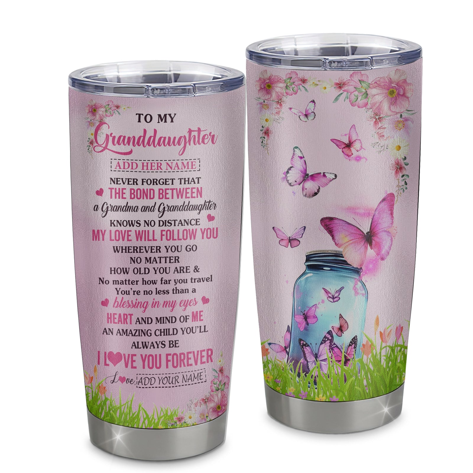 Personalized To My Granddaughter Butterfly Tumbler From Grandma The Bond Between Granddaughter Birthday Gifts Graduation Christmas Stainless Steel Insulated Custom Mug | teecentury