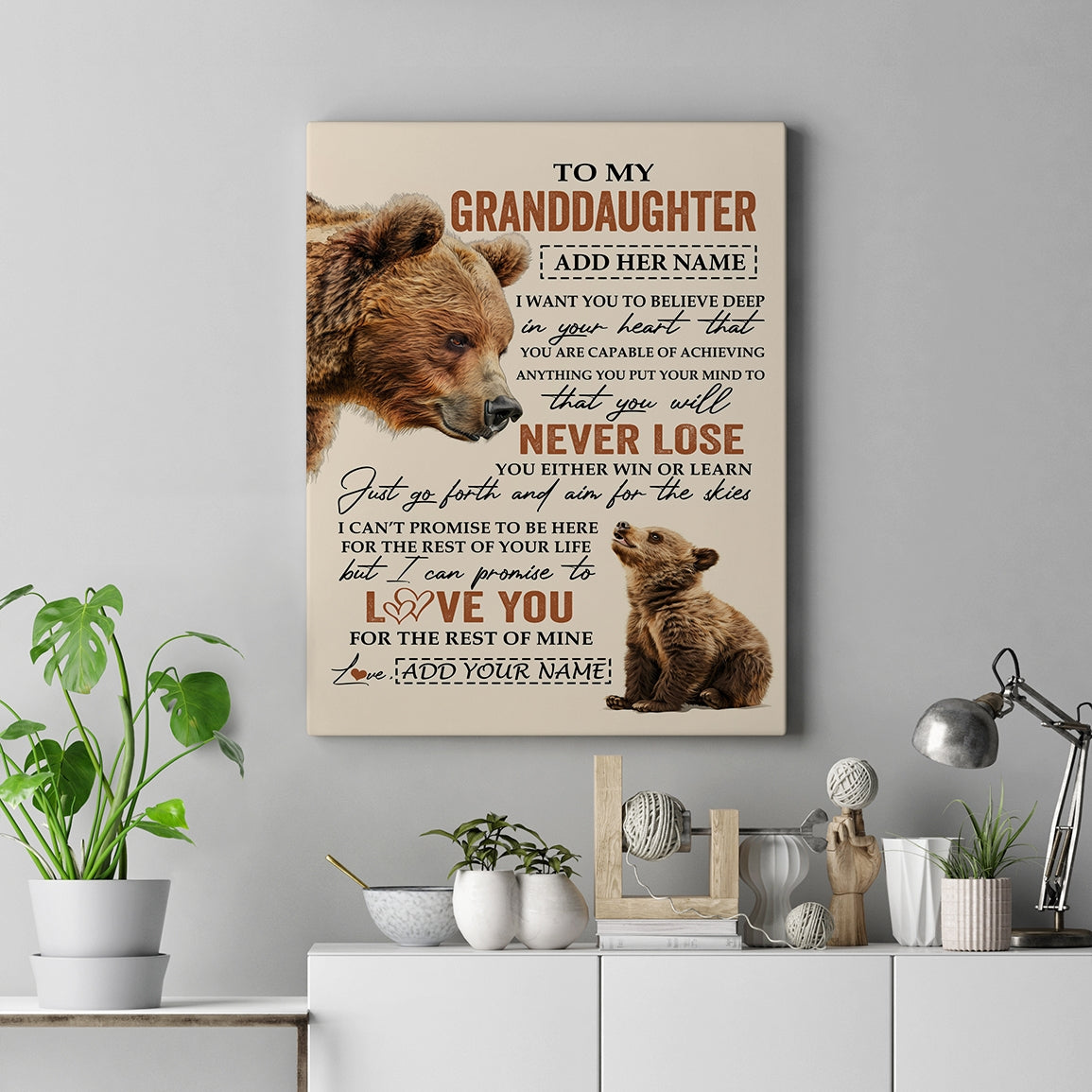 Personalized To My Granddaughter Canvas From Grandma Grandpa You Will Never Lose Bear Granddaughter Birthday Gifts Christmas Custom Wall Art Print Framed Canvas | teecentury