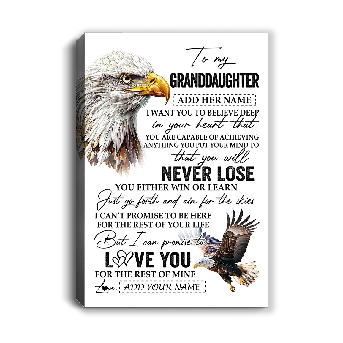 Personalized To My Granddaughter Canvas From Grandma Grandpa You Will Never Lose Eagle Birthday Gifts Graduation Christmas Custom Wall Art Print Framed Canvas | teecentury