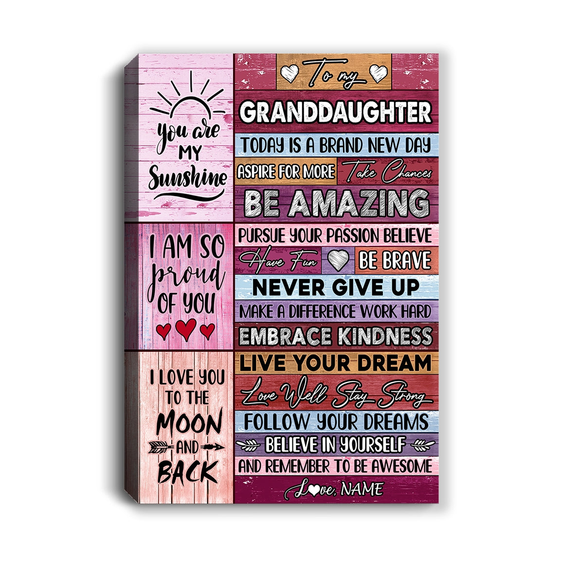 Personalized To My Granddaughter Canvas From Grandma Nana Never Give Up Live Your Dream Pink Wood Birthday Christmas Custom Wall Art Print Home Decor Framed Canvas | teecentury