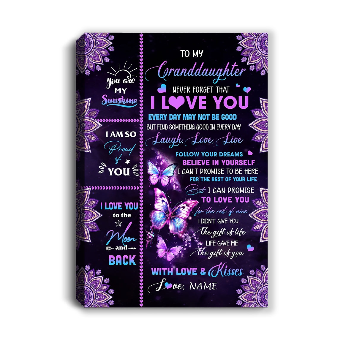 Personalized To My Granddaughter Canvas From Grandma Never Forget That I Love You Butterfly Granddaughter Birthday Gifts Christmas Custom Wall Art Print Framed Canvas | teecentury