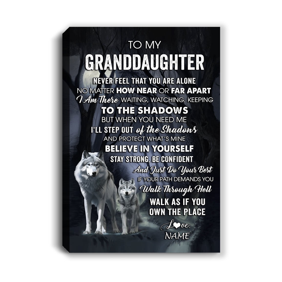 Personalized To My Granddaughter Canvas From Grandma Papa Never Feel That You Are Alone Wolf Granddaughter Birthday Gifts Christmas Custom Wall Art Print Framed Canvas | teecentury