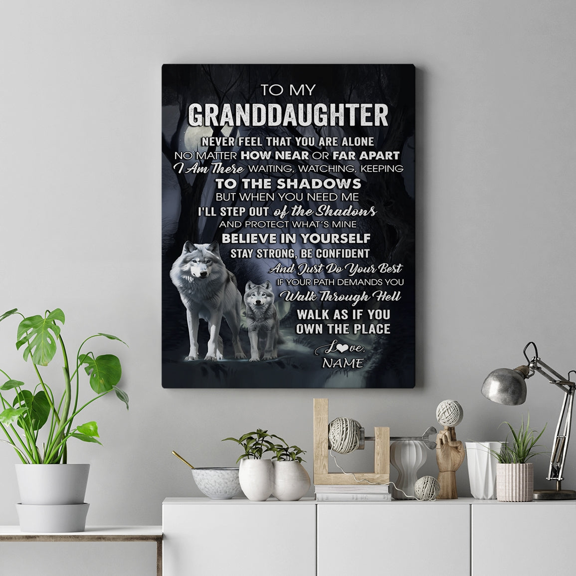 Personalized To My Granddaughter Canvas From Grandma Papa Never Feel That You Are Alone Wolf Granddaughter Birthday Gifts Christmas Custom Wall Art Print Framed Canvas | teecentury