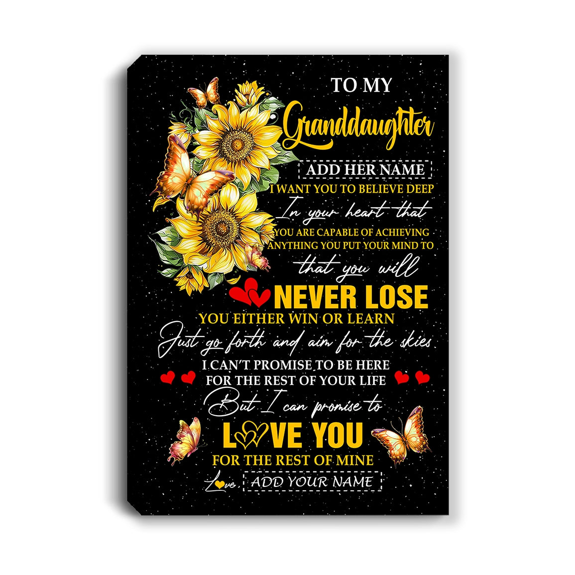 Personalized To My Granddaughter Canvas From Grandma Papa You Will Never Lose Sunflower Granddaughter Birthday Gifts Christmas Custom Wall Art Print Framed Canvas | teecentury