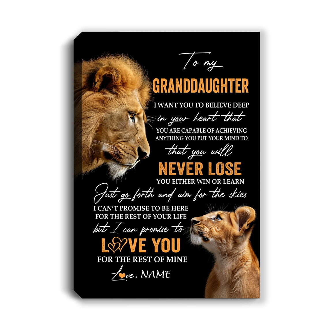 Personalized To My Granddaughter Canvas From Grandpa Papa You Will Never Lose Lion Granddaughter Birthday Gifts Graduation Christmas Custom Wall Art Print Framed Canvas | teecentury
