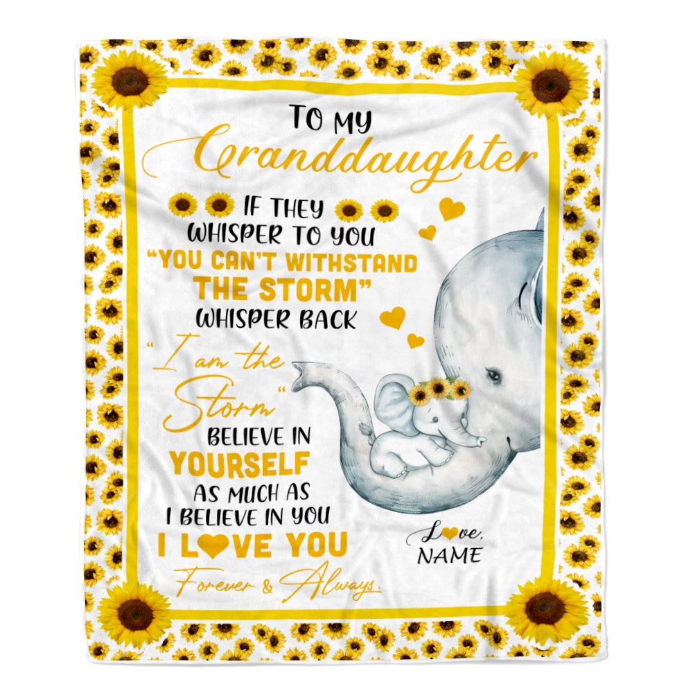 Personalized To My Granddaughter Elephant Blanket From Grandma Mimi Gigi I Am The Storm Big Hug Sunflower Granddaughter Birthday Christmas Bed Fleece Blanket Blanket | Teecentury.com