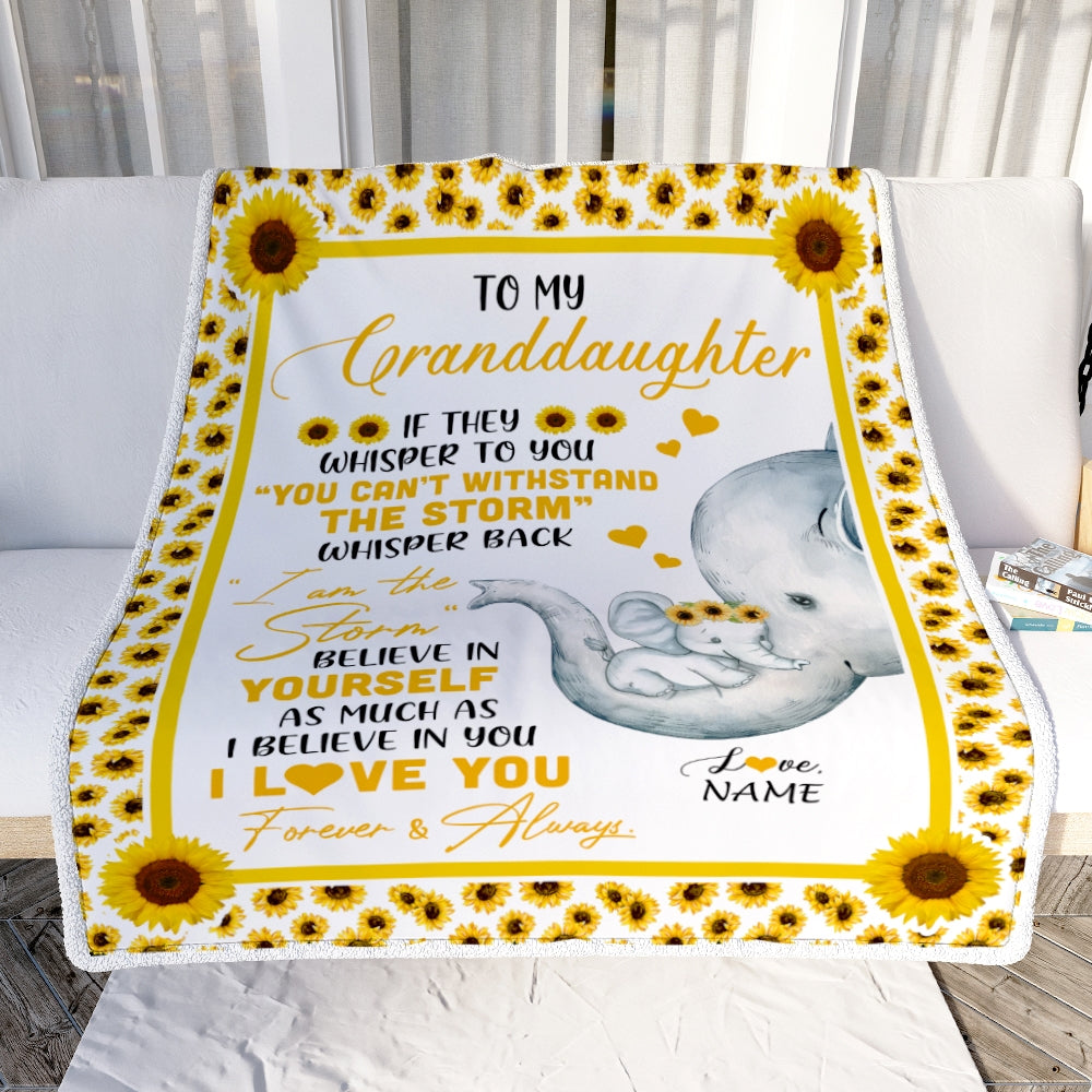 Personalized To My Granddaughter Elephant Blanket From Grandma Mimi Gigi I Am The Storm Big Hug Sunflower Granddaughter Birthday Christmas Bed Fleece Blanket Blanket | Teecentury.com