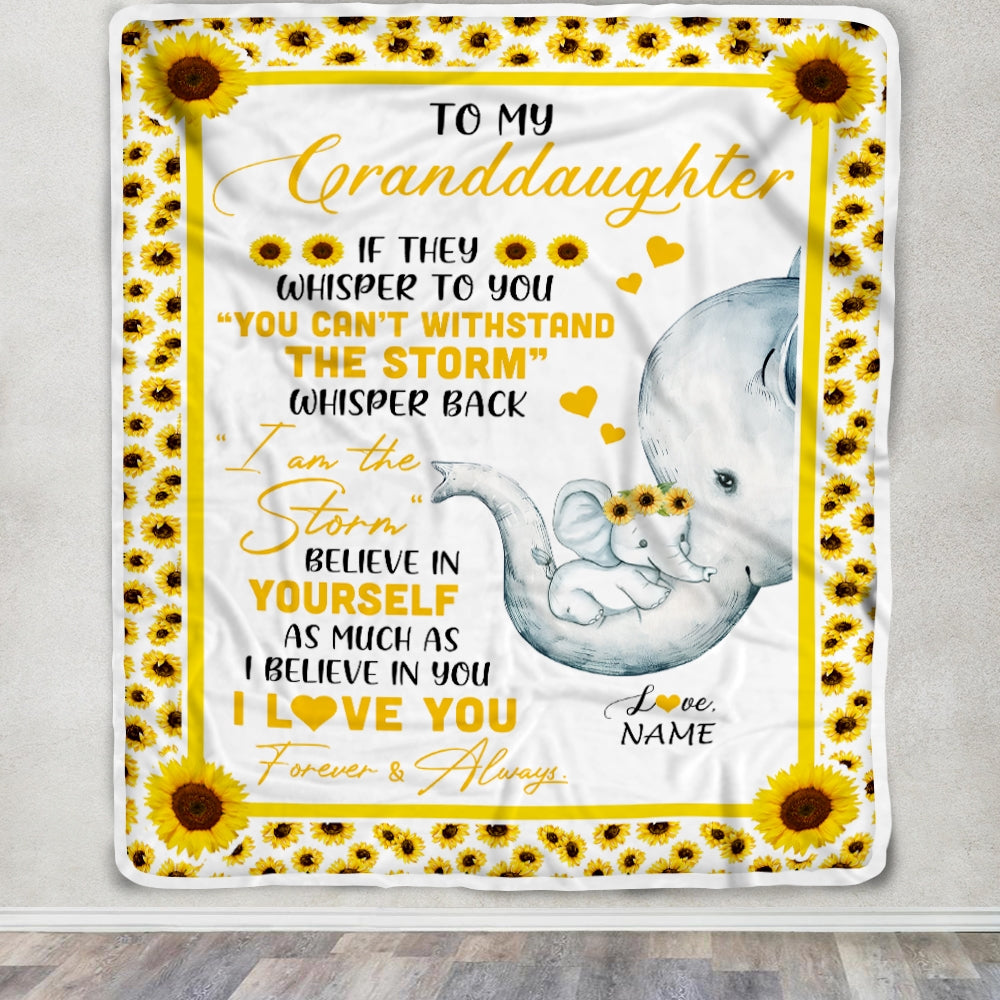Personalized To My Granddaughter Elephant Blanket From Grandma Mimi Gigi I Am The Storm Big Hug Sunflower Granddaughter Birthday Christmas Bed Fleece Blanket Blanket | Teecentury.com