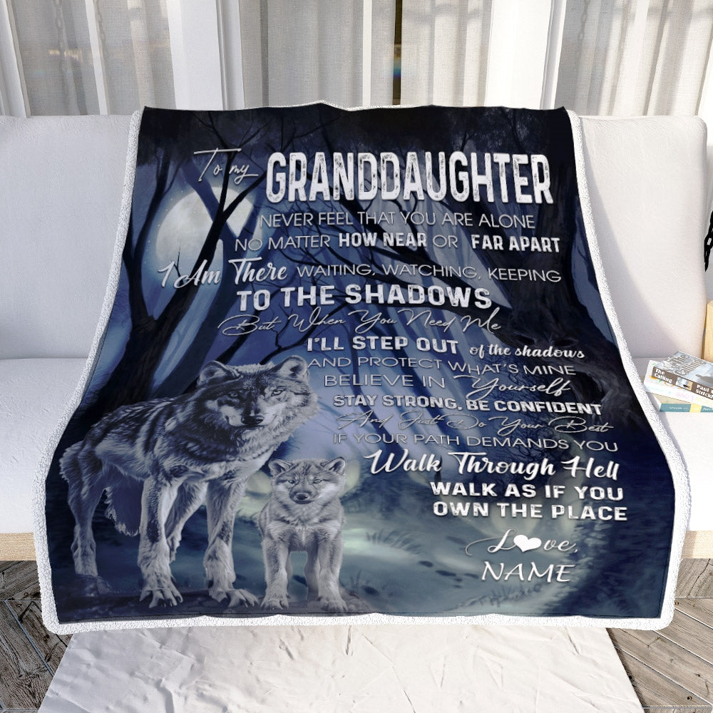 Personalized To My Granddaughter From Grandma Grandpa Blanket Never Feel You Are Alone Wolf Moon Night Dark Forest Family Birthday Christmas Fleece Blanket Blanket | Teecentury.com