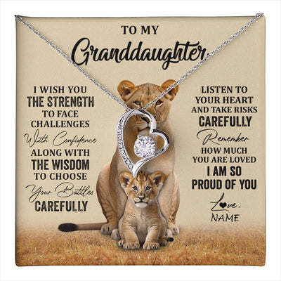 Forever Love Necklace 14K White Gold Finish | 1 | Personalized To My Granddaughter From Grandma Grandpa Necklace I Wish You The Strength Lion Granddaughter Birthday Christmas Customized Gift Box Message Card | teecentury