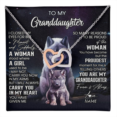 Interlocking Hearts Necklace Stainless Steel & Rose Gold Finish | 1 | Personalized To My Granddaughter From Grandma Necklace I Close My Eyes Wolf Granddaughter Birthday Gifts Jewelry Christmas Customized Gift Box Message Card | teecentury