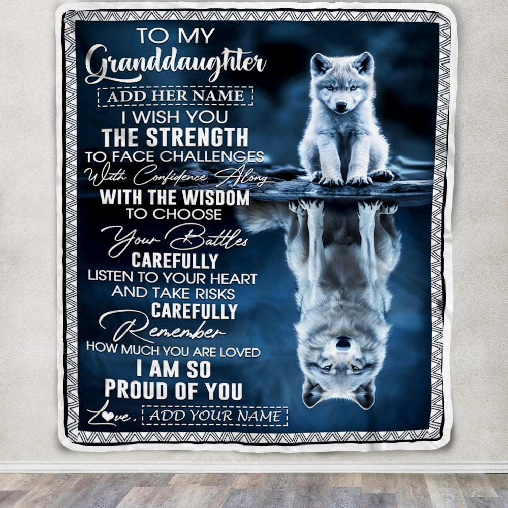 Personalized To My Granddaughter Gifts Blanket From Grandma Grandpa I Wish You The Strength Wolf Granddaughter Birthday Gifts Christmas Fleece Blanket | teecentury
