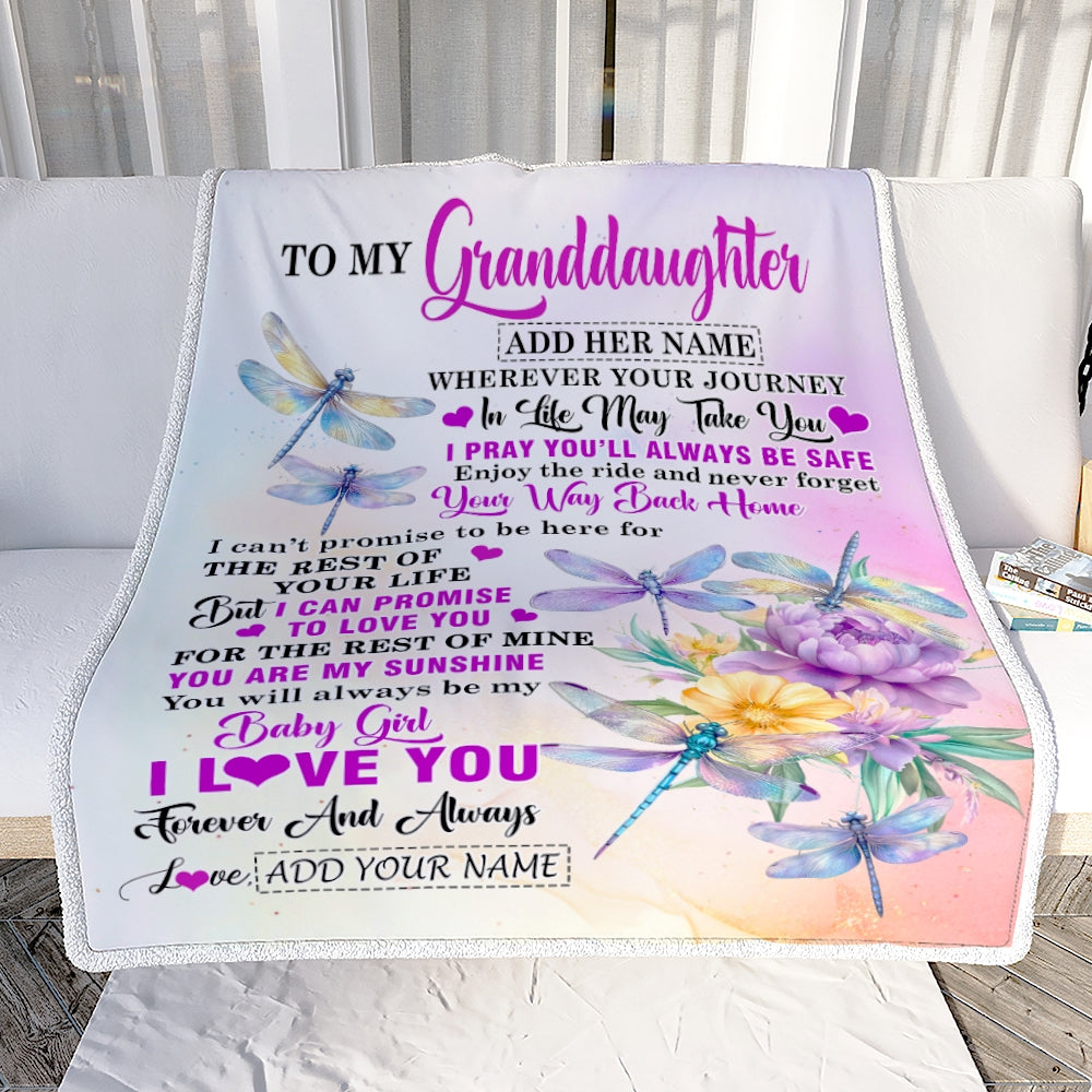 Personalized To My Granddaughter Gifts Blanket From Grandma Grandpa Wherever Your Journey In Life Dragonfly Granddaughter Birthday Gifts Custom Fleece Blanket | teecentury