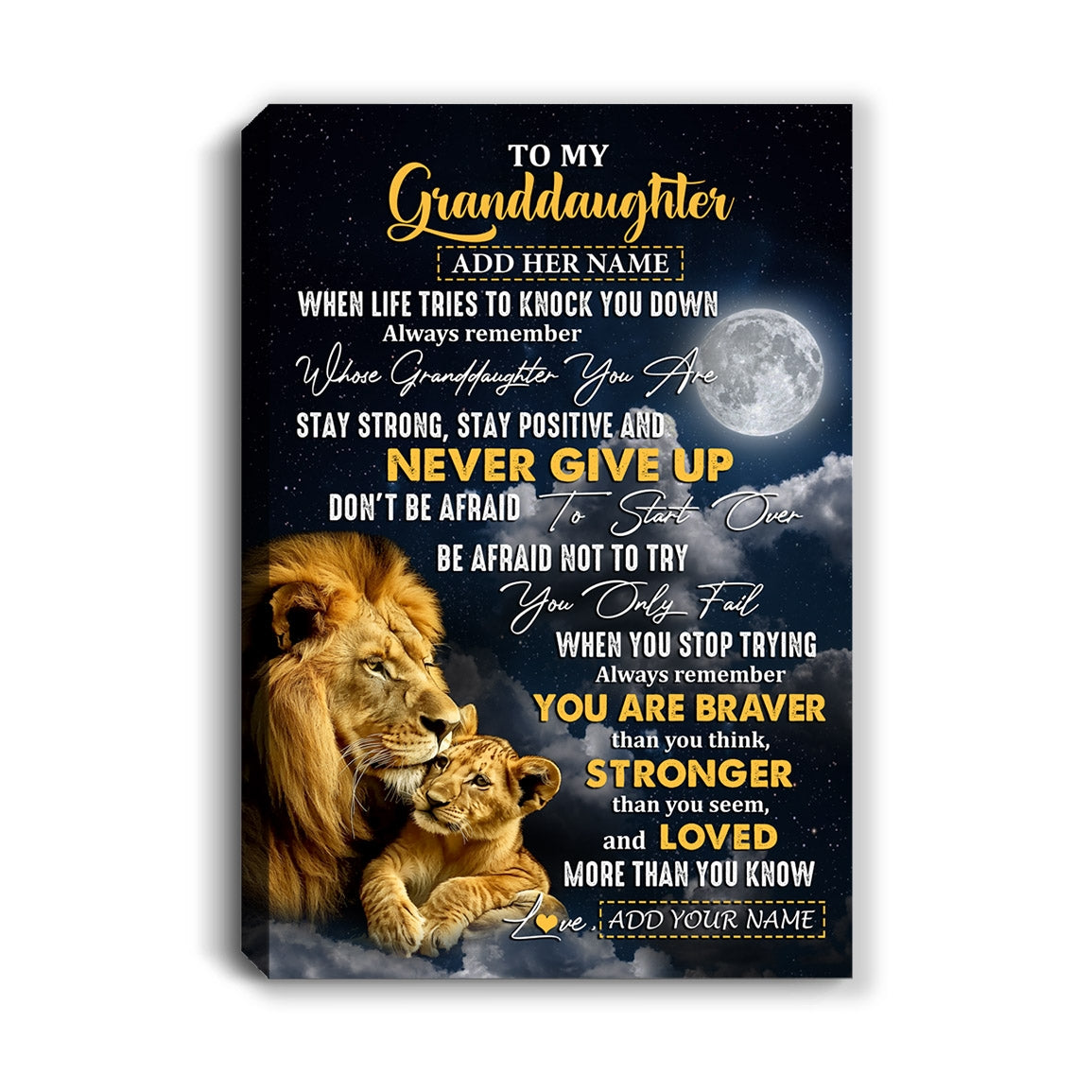 Personalized To My Granddaughter Gifts Canvas From Grandpa Grandma Lion Never Give Up Granddaughter Birthday Gifts Graduation Christmas Custom Wall Art Framed Canvas | teecentury