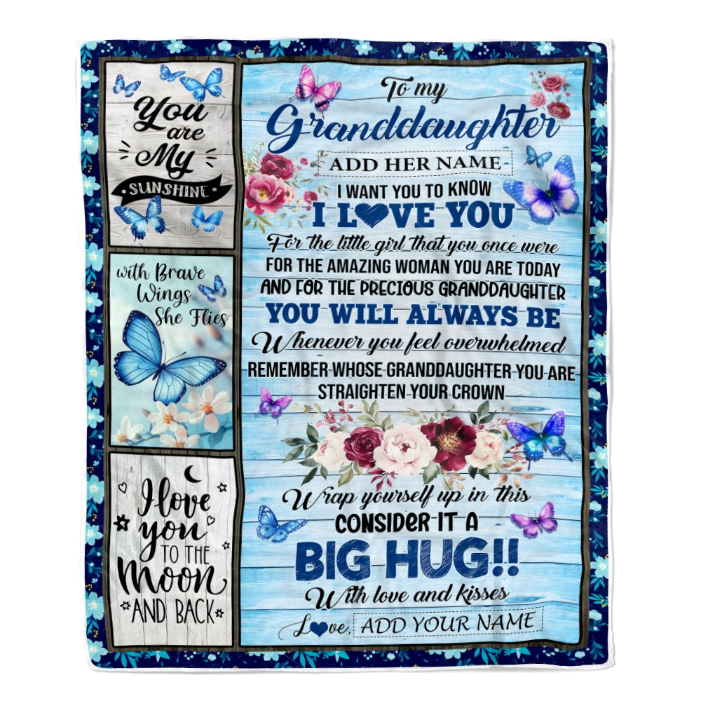 Personalized To My Granddaughter Gifts From Grandma Blanket Butterfly You Are My Sunshine Love You To The Moon Custom Granddaughter Birthday Fleece Blanket | teecentury
