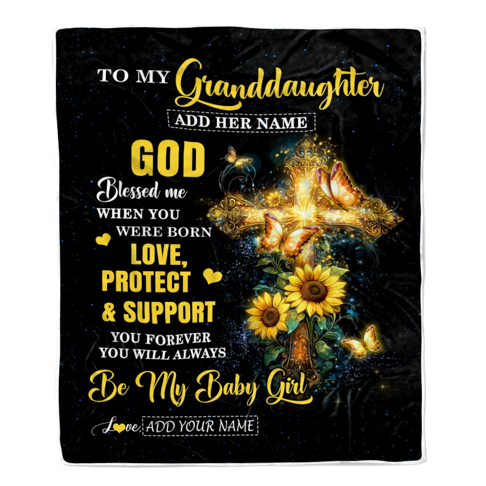 Personalized To My Granddaughter Gifts From Grandma Blanket Cross Sunflower Christian Blessed Granddaughter Birthday Presents Graduation Gift Fleece Blanket | teecentury