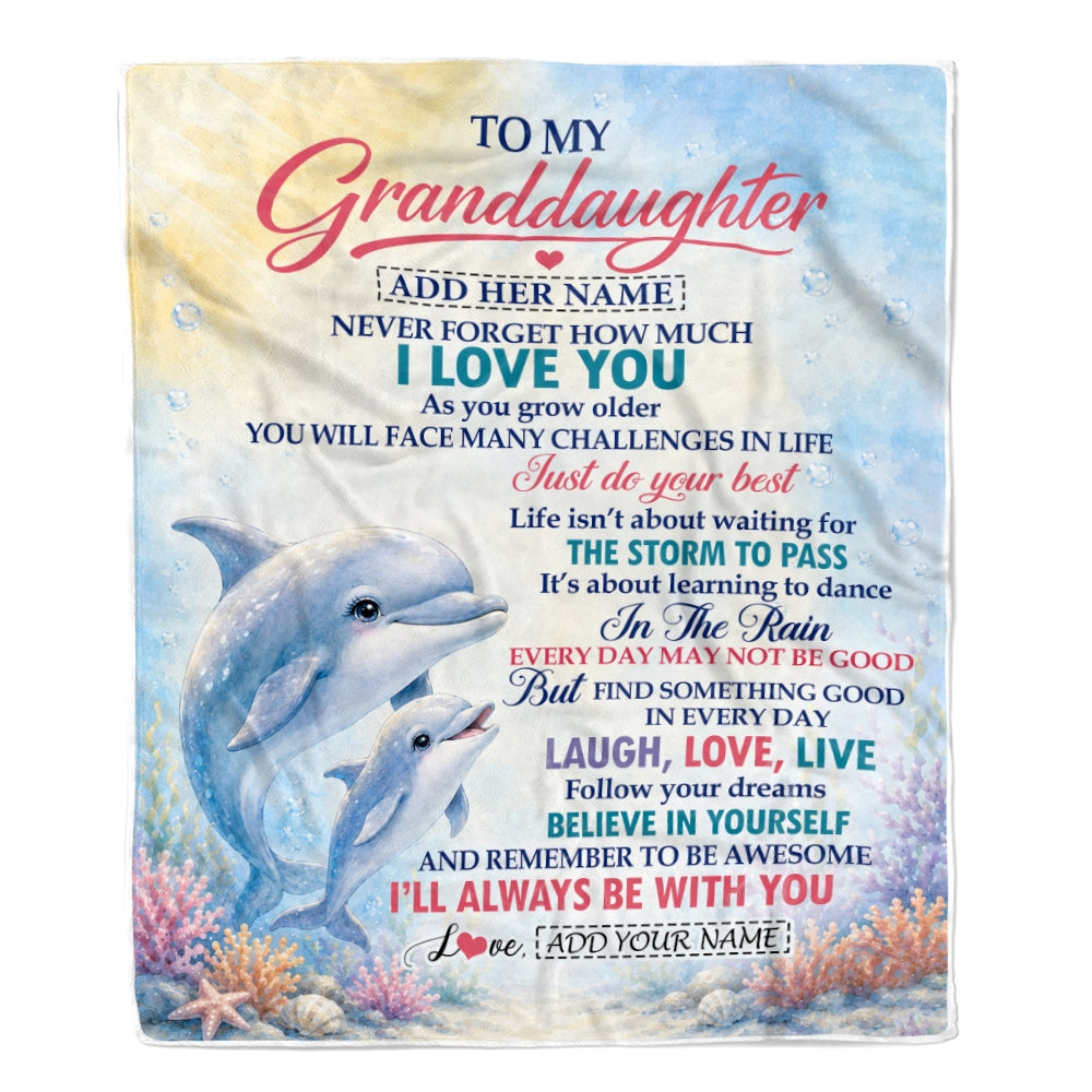 Personalized To My Granddaughter Gifts From Grandma Blanket Dolphin Ocean Love Message Birthday Christmas Gift For Granddaughter Custom Fleece Throw Blanket | teecentury