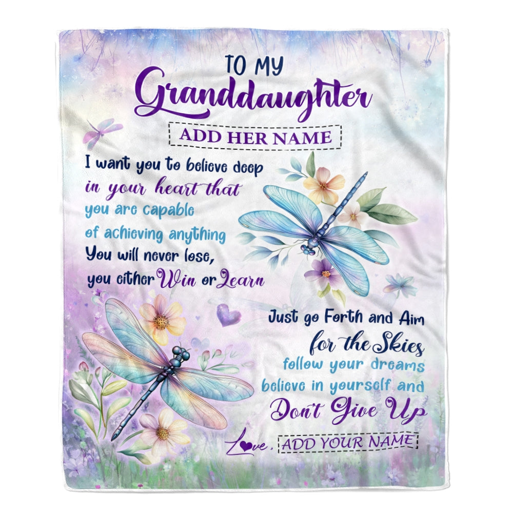Personalized To My Granddaughter Gifts From Grandma Blanket Don't Give Up Dragonfly Gifts For Granddaughter Birthday Graduation Christmas Fleece Blanket | teecentury