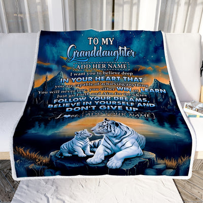 Personalized To My Granddaughter Gifts From Grandma Blanket Don't Give Up White Tiger Gifts For Granddaughter Birthday Graduation Christmas Fleece Blanket | teecentury