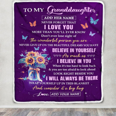 Personalized To My Granddaughter Gifts From Grandma Blanket Inspirational Love Purple Sunflowers Birthday Gifts For Granddaughter Idea Christmas Fleece Blanket | teecentury