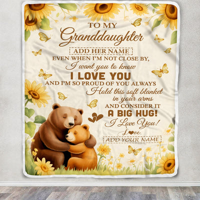 Personalized To My Granddaughter Gifts From Grandma Blanket Sunflower Bear Hug I Love You Birthday Gifts For Granddaughter Graduation Custom Fleece Blanket | teecentury