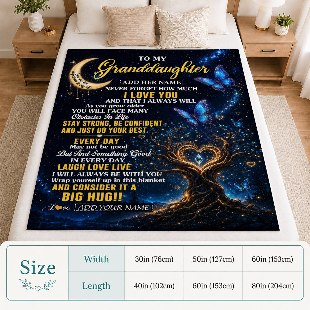 Personalized To My Granddaughter Gifts From Grandma Grandpa Blanket Blue Galaxy Butterfly Moon Birthday Gifts For Granddaughter Christmas Fleece Blanket | teecentury