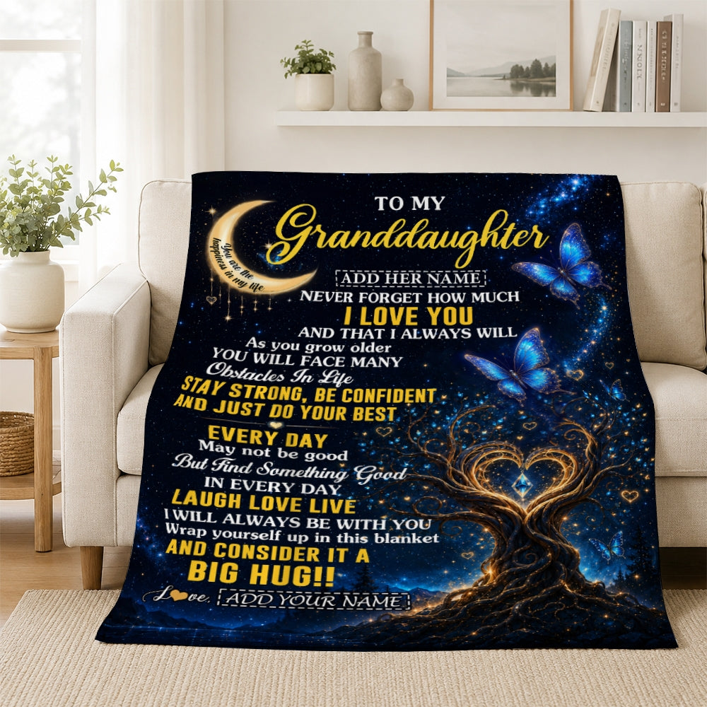 Personalized To My Granddaughter Gifts From Grandma Grandpa Blanket Blue Galaxy Butterfly Moon Birthday Gifts For Granddaughter Christmas Fleece Blanket | teecentury