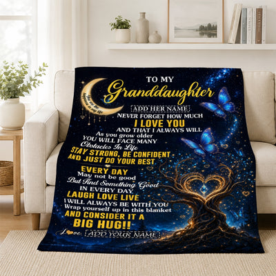 Personalized To My Granddaughter Gifts From Grandma Grandpa Blanket Blue Galaxy Butterfly Moon Birthday Gifts For Granddaughter Christmas Fleece Blanket | teecentury