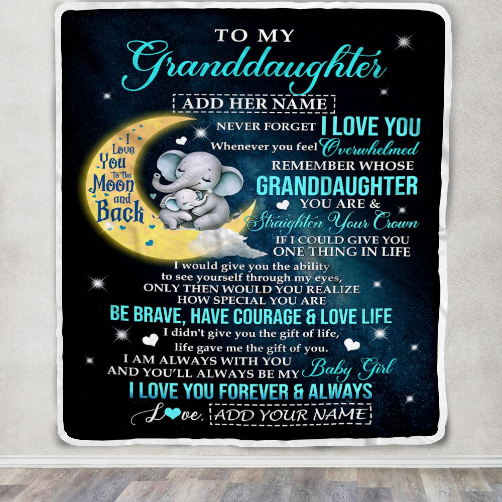 Personalized To My Granddaughter Gifts From Grandma Grandpa Blanket Moon Elephant Birthday Gifts Graduation For Granddaughter Christmas Fleece Throw Blanket | teecentury