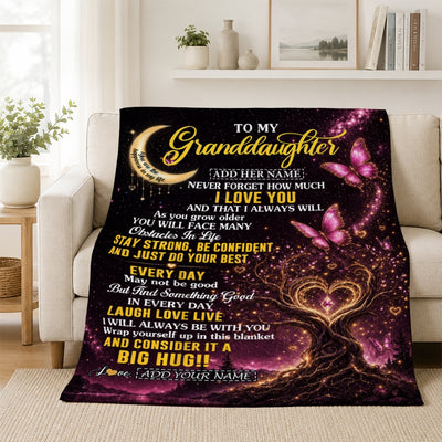 Personalized To My Granddaughter Gifts From Grandma Grandpa Blanket Purple Galaxy Butterfly Moon Birthday Gifts For Granddaughter Christmas Fleece Blanket | teecentury