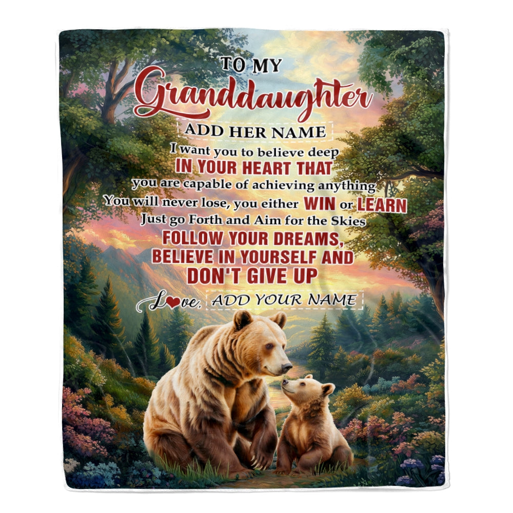 Personalized To My Granddaughter Gifts From Grandma Papa Blanket Don't Give Up Bear Gifts For Granddaughter Birthday Graduation Christmas Fleece Blanket | teecentury