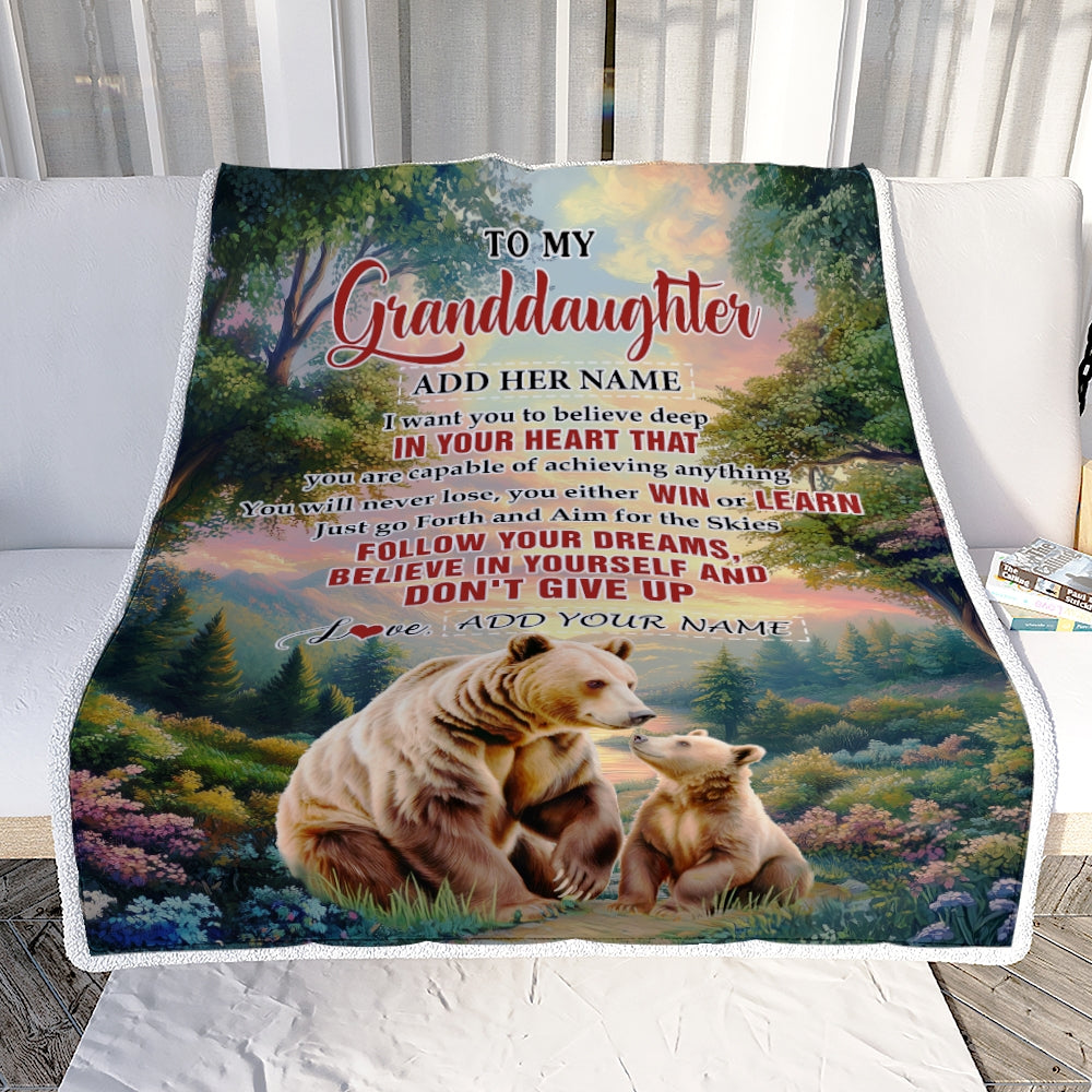 Personalized To My Granddaughter Gifts From Grandma Papa Blanket Don't Give Up Bear Gifts For Granddaughter Birthday Graduation Christmas Fleece Blanket | teecentury