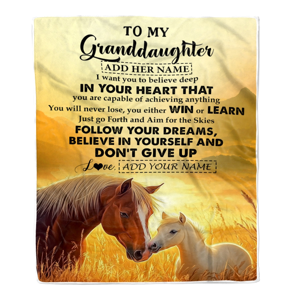 Personalized To My Granddaughter Gifts From Grandma Papa Blanket Don't Give Up Horse Gifts For Granddaughter Birthday Graduation Christmas Fleece Blanket | teecentury