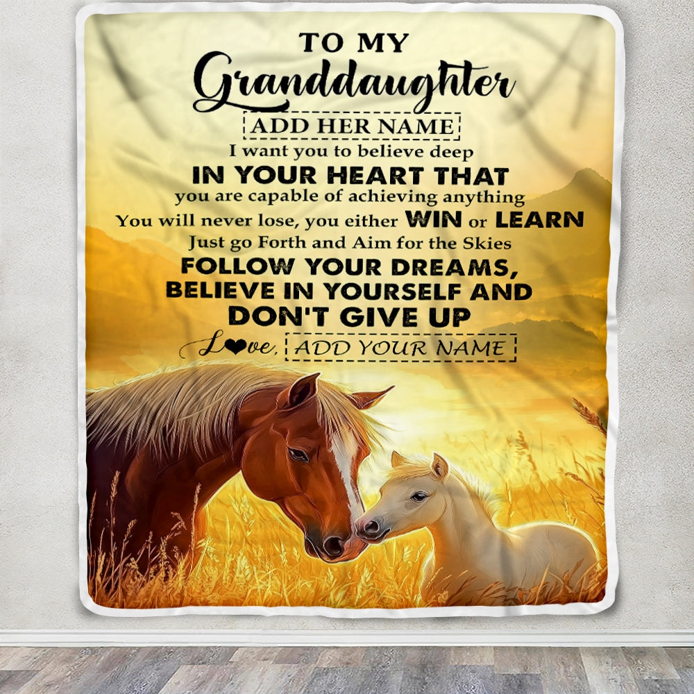 Personalized To My Granddaughter Gifts From Grandma Papa Blanket Don't Give Up Horse Gifts For Granddaughter Birthday Graduation Christmas Fleece Blanket | teecentury