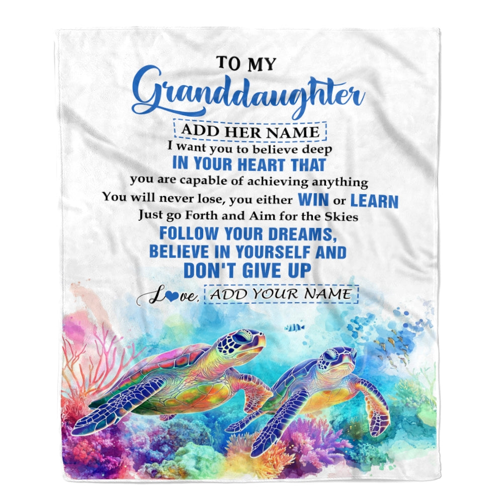 Personalized To My Granddaughter Gifts From Grandma Papa Blanket Don't Give Up Turtle Gifts For Granddaughter Birthday Graduation Christmas Fleece Blanket | teecentury