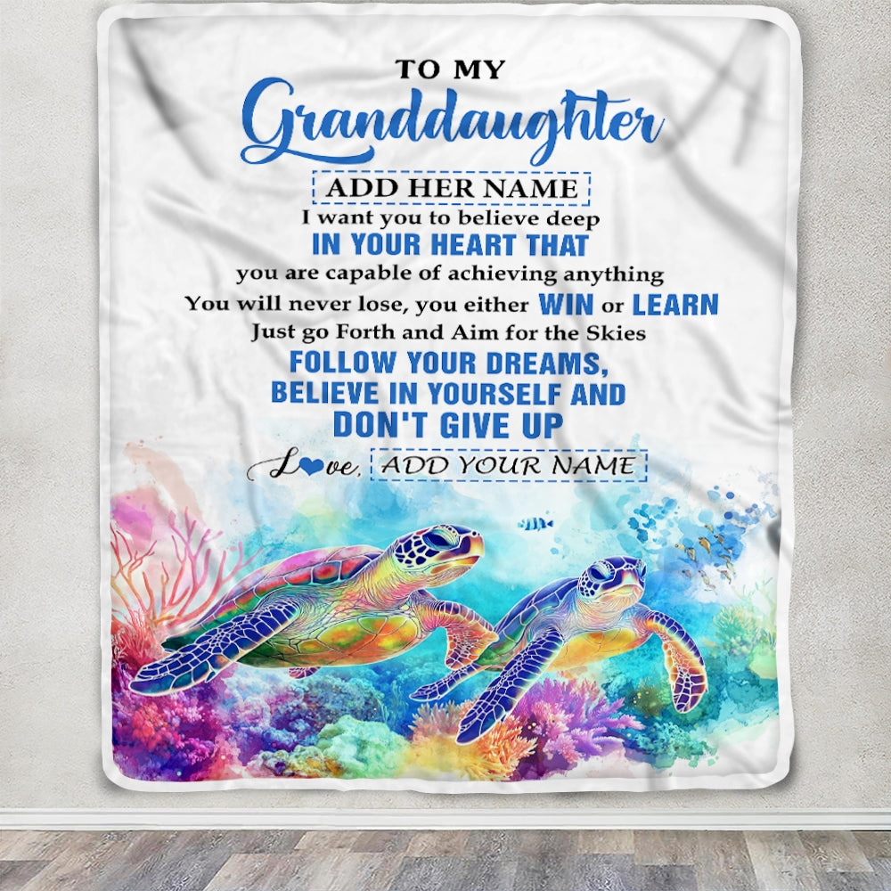 Personalized To My Granddaughter Gifts From Grandma Papa Blanket Don't Give Up Turtle Gifts For Granddaughter Birthday Graduation Christmas Fleece Blanket | teecentury