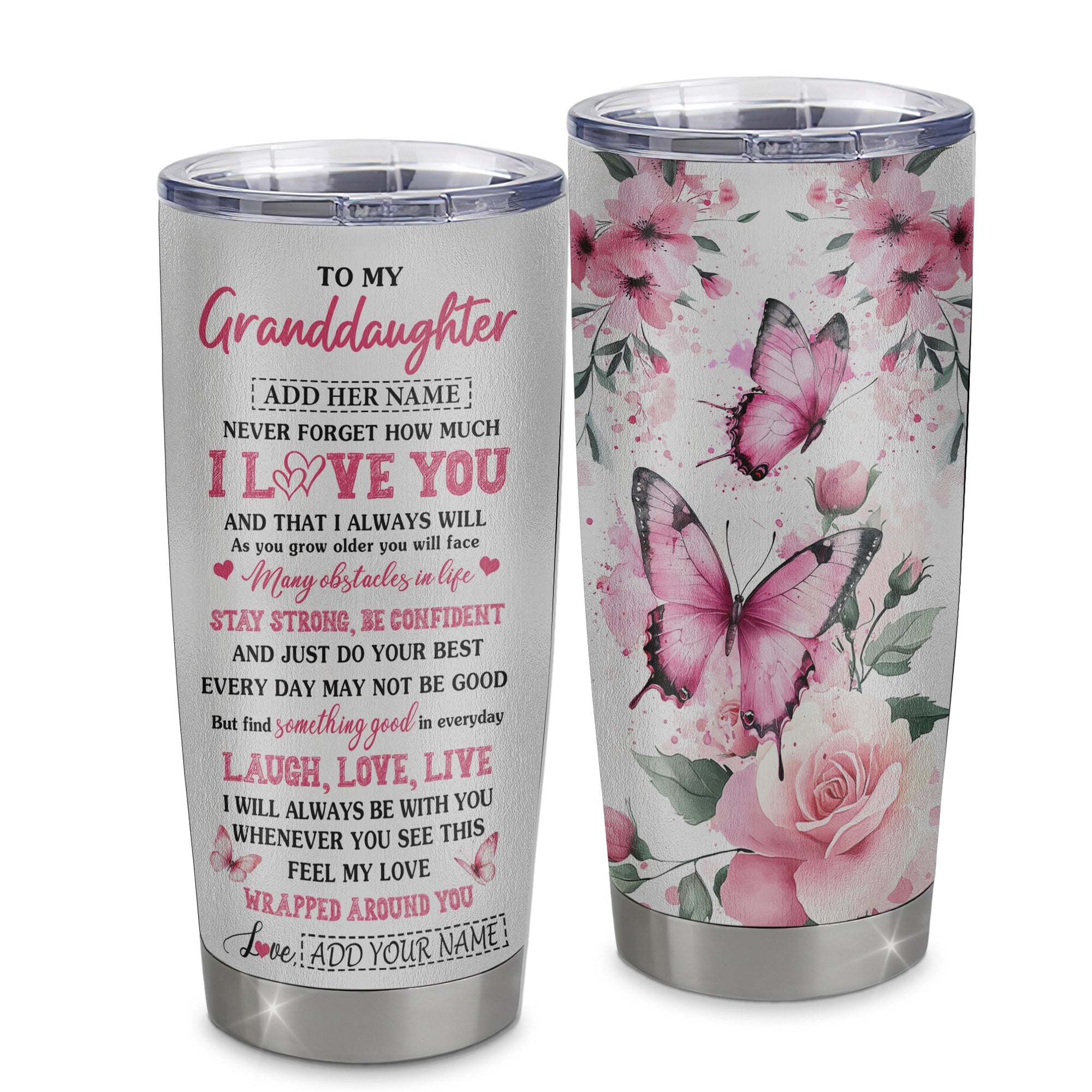 Personalized To My Granddaughter Gifts From Grandma Tumbler I Love You Butterfly Birthday Gifts For Granddaughter Graduation Christmas Custom Stainless Steel Travel Mug | teecentury