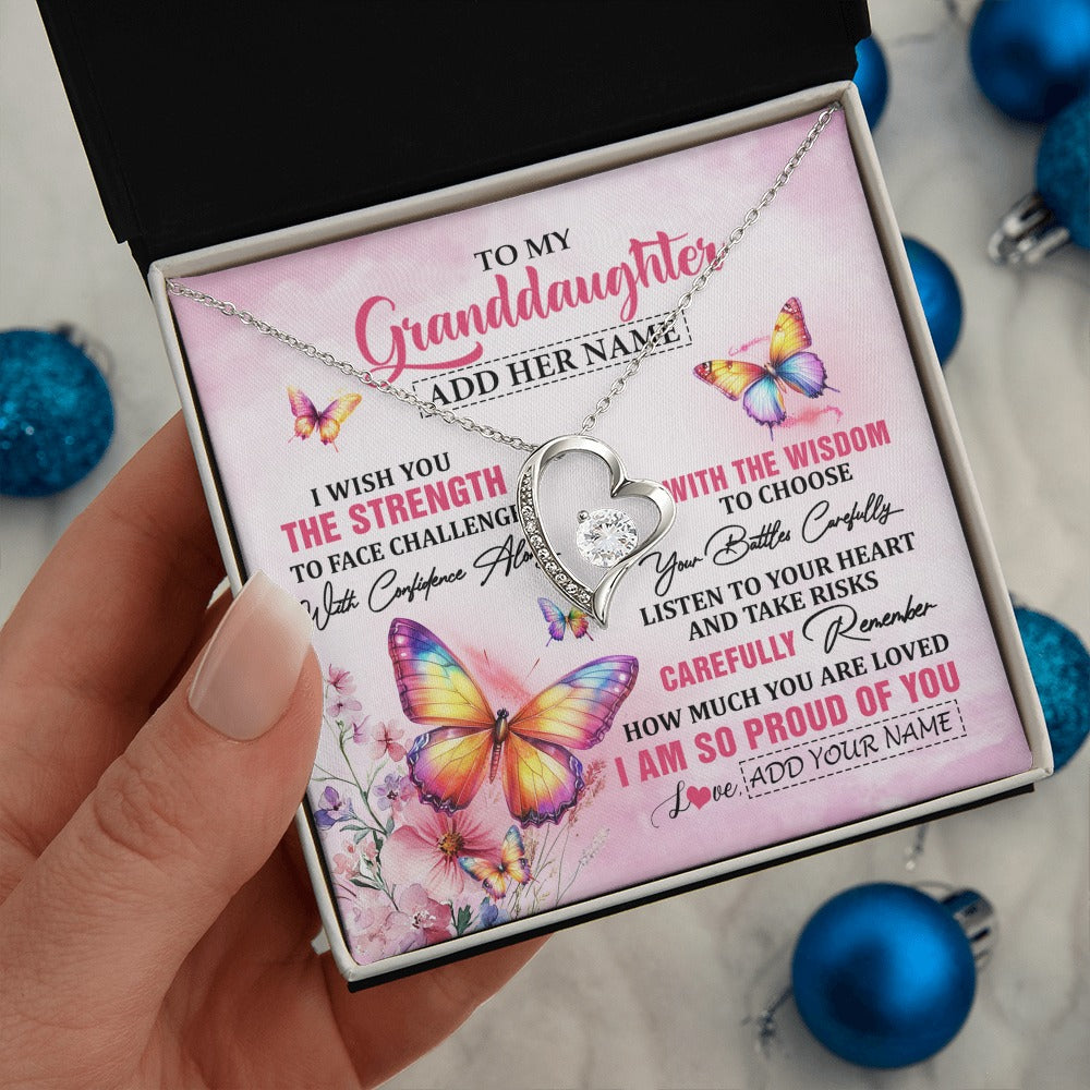 Forever Love Necklace 14K White Gold Finish | 2 | Personalized To My Granddaughter Gifts Necklace From Grandma Grandpa I Wish You The Strength Butterfly Granddaughter Birthday Christmas Gift Box Message Card | https://teecentury.