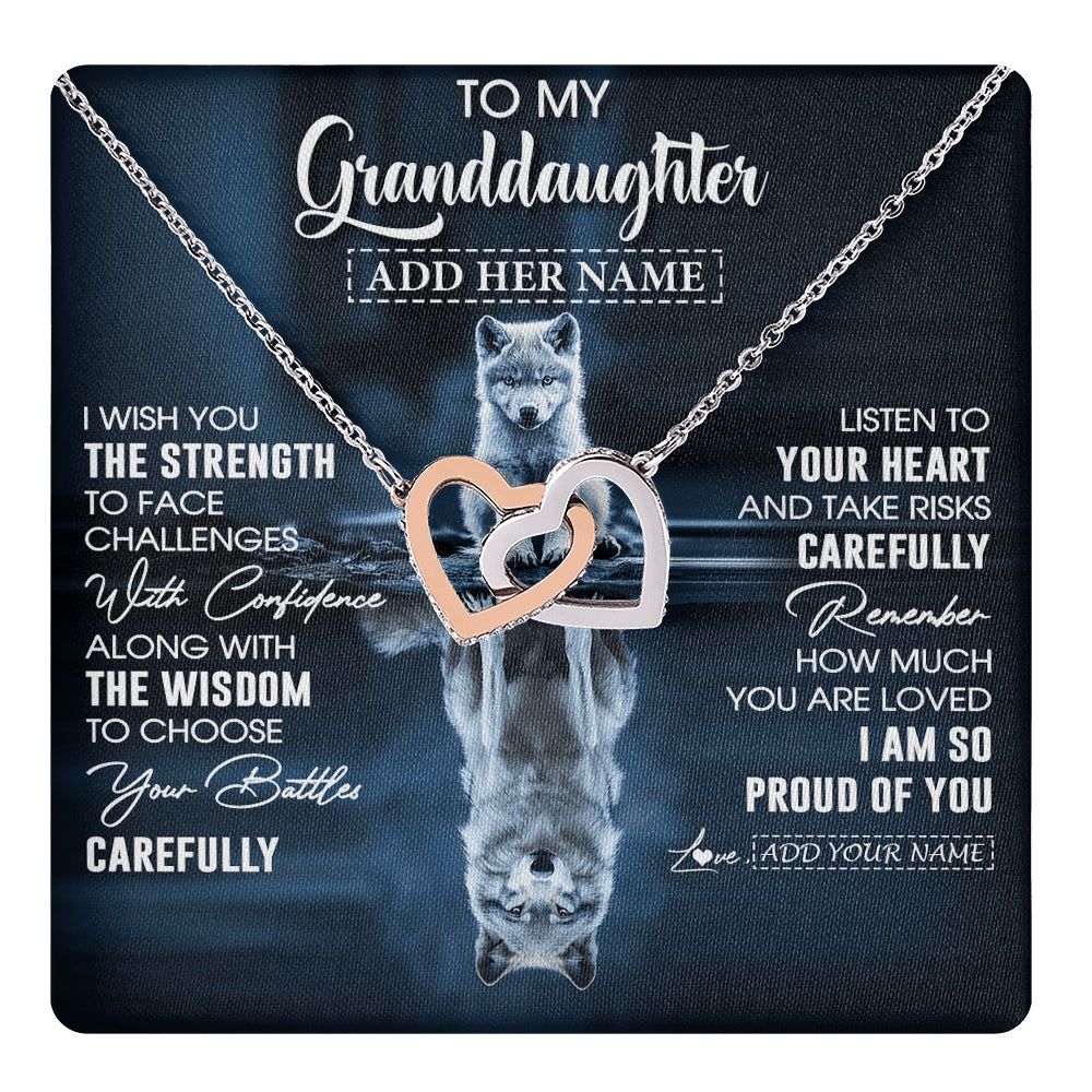 Interlocking Hearts Necklace Stainless Steel & Rose Gold Finish | 1 | Personalized To My Granddaughter Gifts Necklace From Grandma Grandpa I Wish You The Strength Wolf Granddaughter Birthday Gifts Christmas Gift Box Message Card | https://teecentury.
