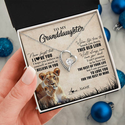 Forever Love Necklace 14K White Gold Finish | Personalized To My Granddaughter Gifts Necklace From Grandma Old Lion Granddaughter Jewelry Birthday Graduation Christmas Customized Gift Box Message Card | teecentury