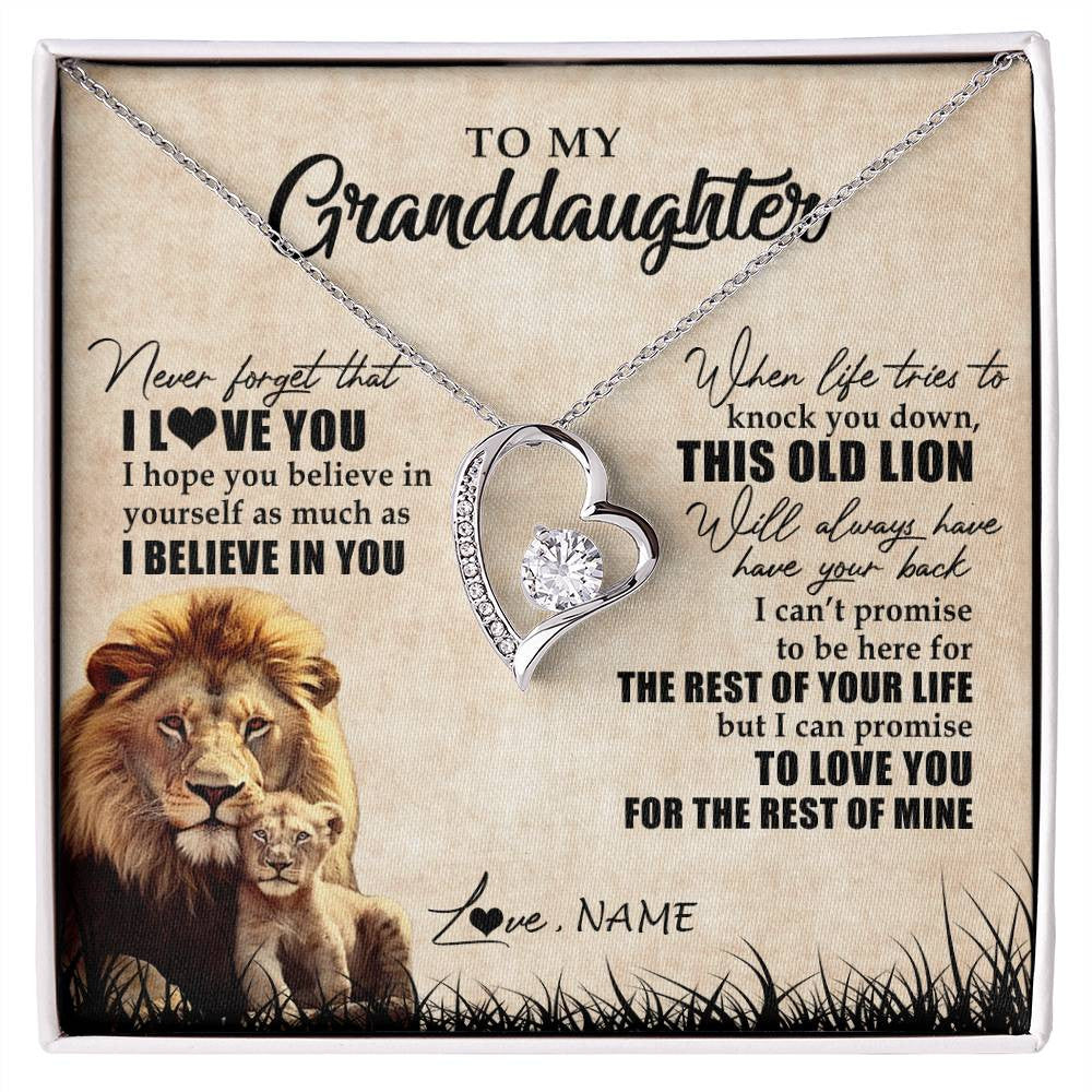 Forever Love Necklace 14K White Gold Finish | Personalized To My Granddaughter Gifts Necklace From Grandpa Old Lion Granddaughter Jewelry Birthday Graduation Christmas Customized Gift Box Message Card | teecentury
