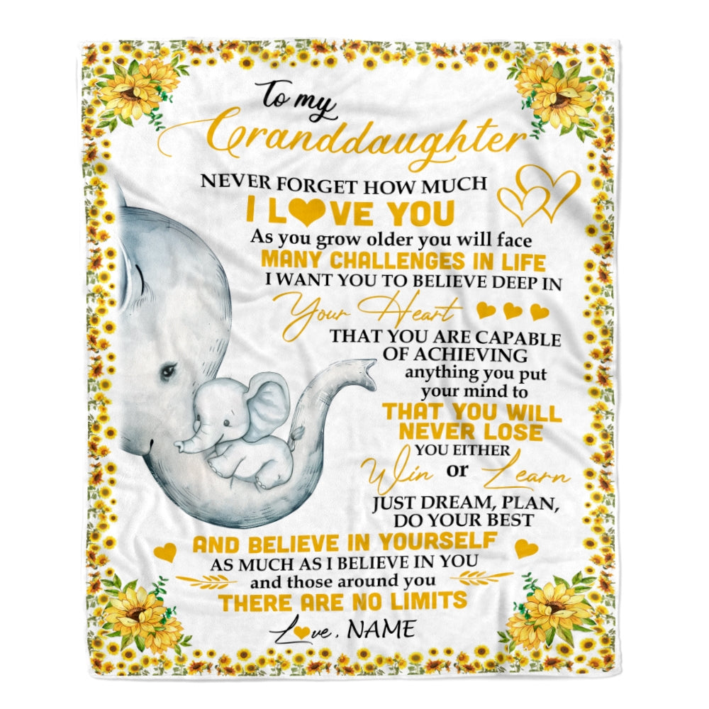 Personalized To My Granddaughter I Love You From Grandma Grandpa Nana Sunflower Elephant Birthday Christmas Thanksgiving Graduation Customized Fleece Blanket Blanket | Teecentury.com