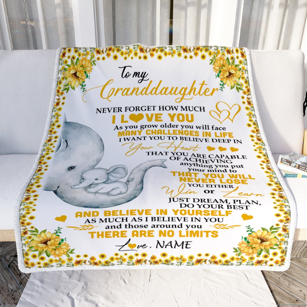 Personalized To My Granddaughter I Love You From Grandma Grandpa Nana Sunflower Elephant Birthday Christmas Thanksgiving Graduation Customized Fleece Blanket Blanket | Teecentury.com