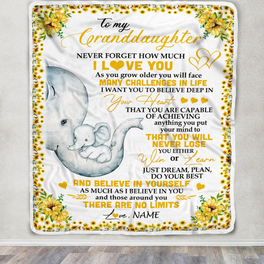 Personalized To My Granddaughter I Love You From Grandma Grandpa Nana Sunflower Elephant Birthday Christmas Thanksgiving Graduation Customized Fleece Blanket Blanket | Teecentury.com