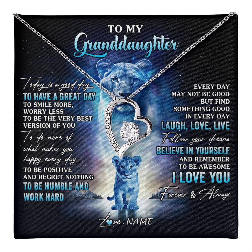 Forever Love Necklace 14K White Gold Finish | 1 | Personalized To My Granddaughter Lion Necklace From Grandma Every Day Laugh Love Live Granddaughter Birthday Christmas Customized Gift Box Message Card | teecentury